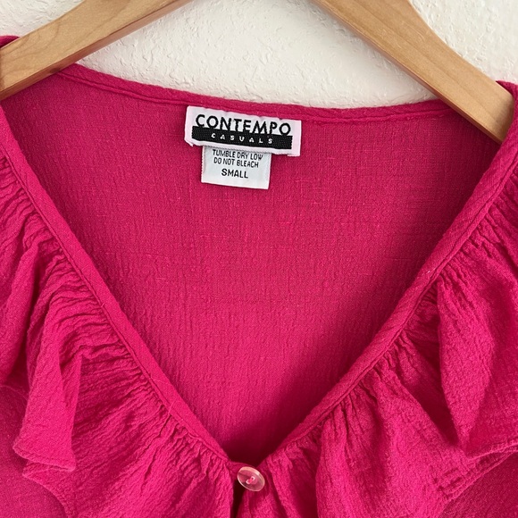 VINTAGE blouse / pink gauze cotton ruffle v neck long sleeve top / size S - Picture 3 of 6